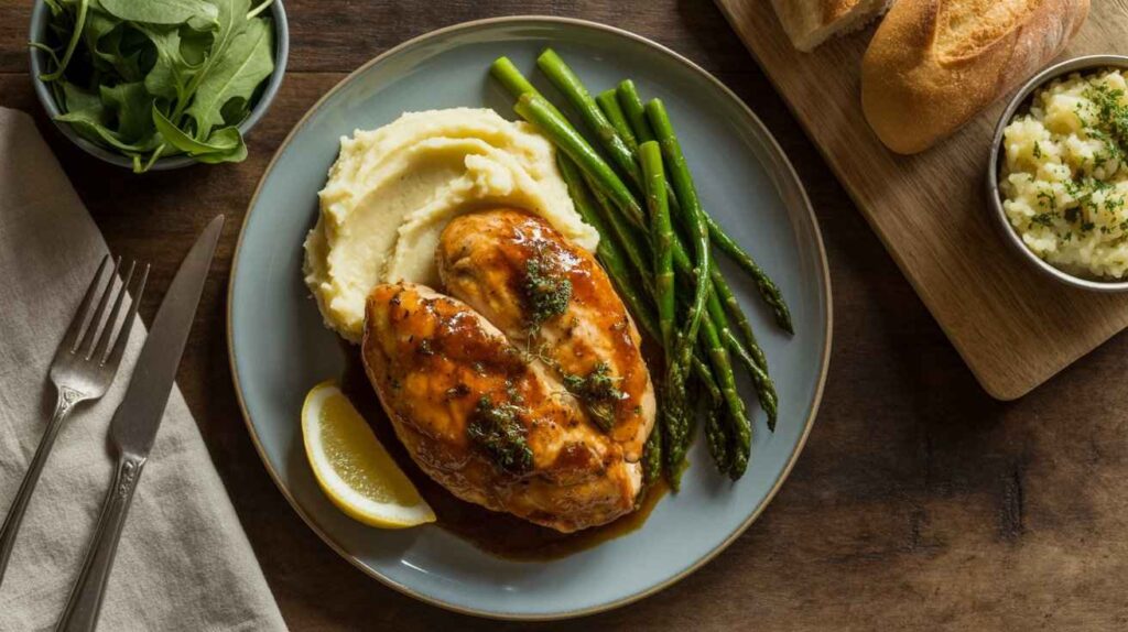 Close-up view of the rich, creamy lemon garlic sauce coating the chicken and artichokes.
