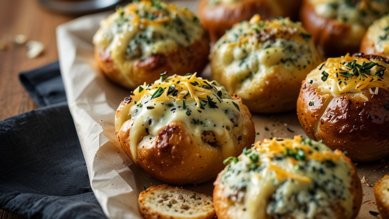 A close-up shot of a golden brown Garlic Parmesan Cheeseburger Bomb with a cheesy, beefy filling spilling out.