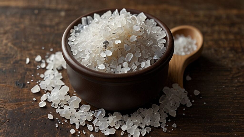 Close-up of Celtic sea salt crystals showing their unique texture and color.