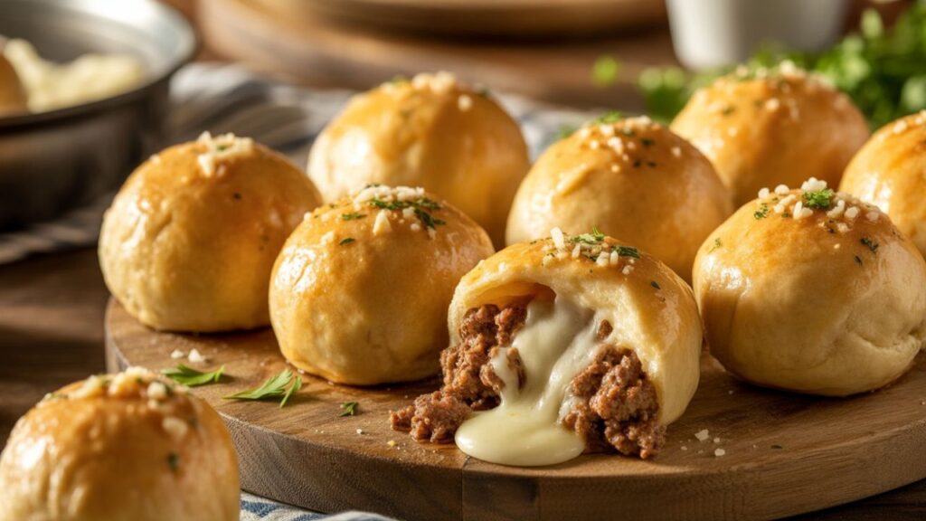 Overhead view of freshly baked cheeseburger bombs on a wooden board, garnished with fresh parsley.