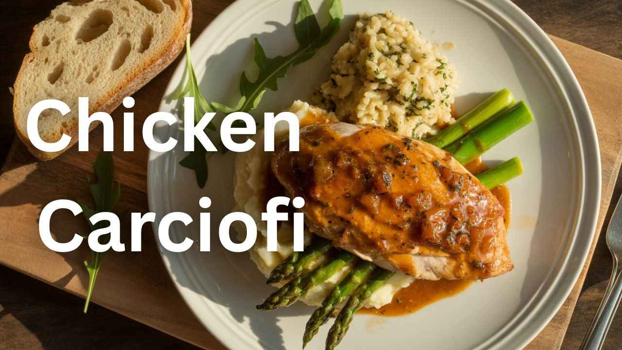 A finished plate of creamy Chicken Carciofi, served with a side of mashed potatoes.