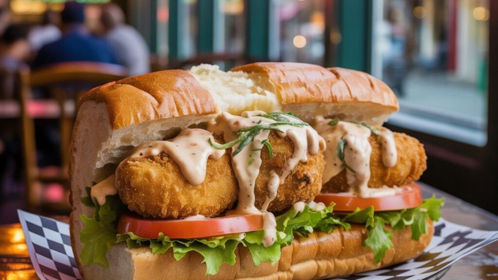 A platter of golden-brown fried oysters, the classic frequent filler for a Po' Boy.