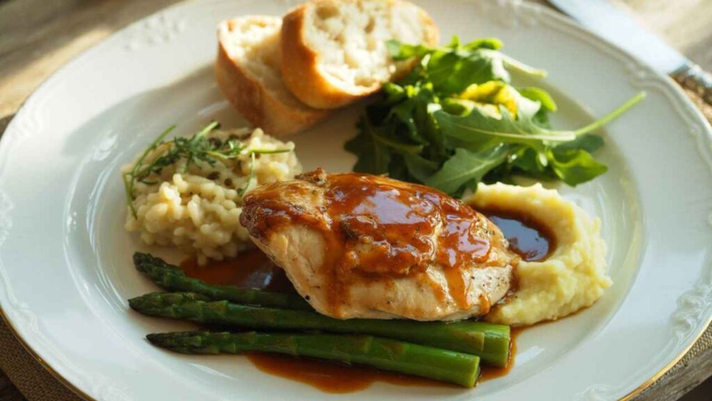 A finished plate of creamy Chicken Carciofi, served with a side of mashed potatoes.