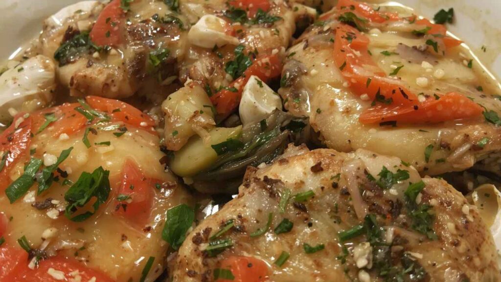 Golden-brown chicken breasts sizzling in a skillet for the Chicken Carciofi recipe.