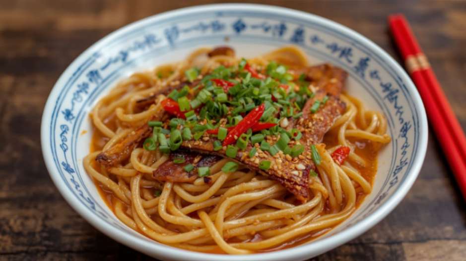 Close-up of Dan Dan noodles being mixed to coat them in the savory sauce.