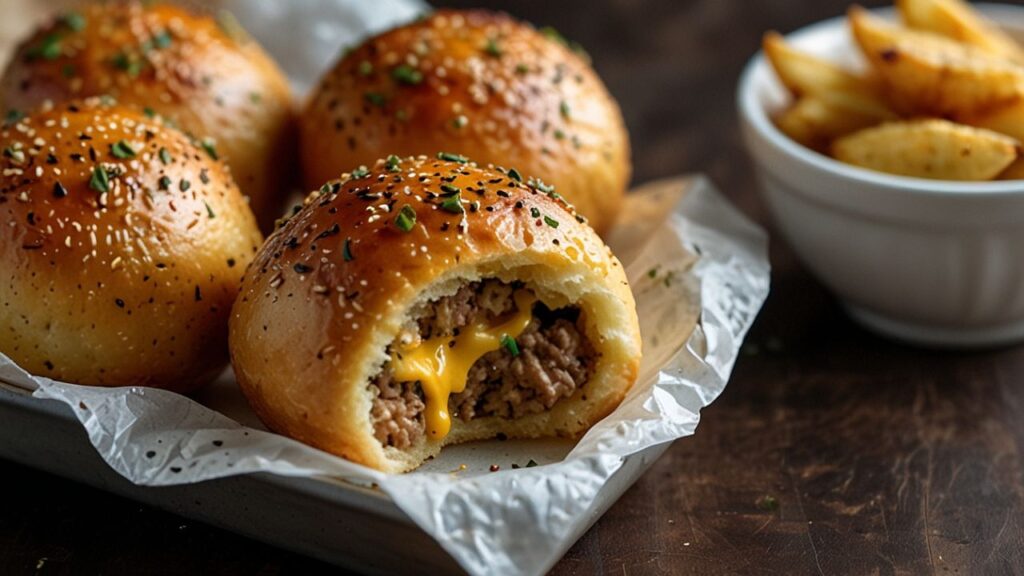 Step-by-step photo showing how to fill and seal the biscuit dough for the perfect cheeseburger bomb.