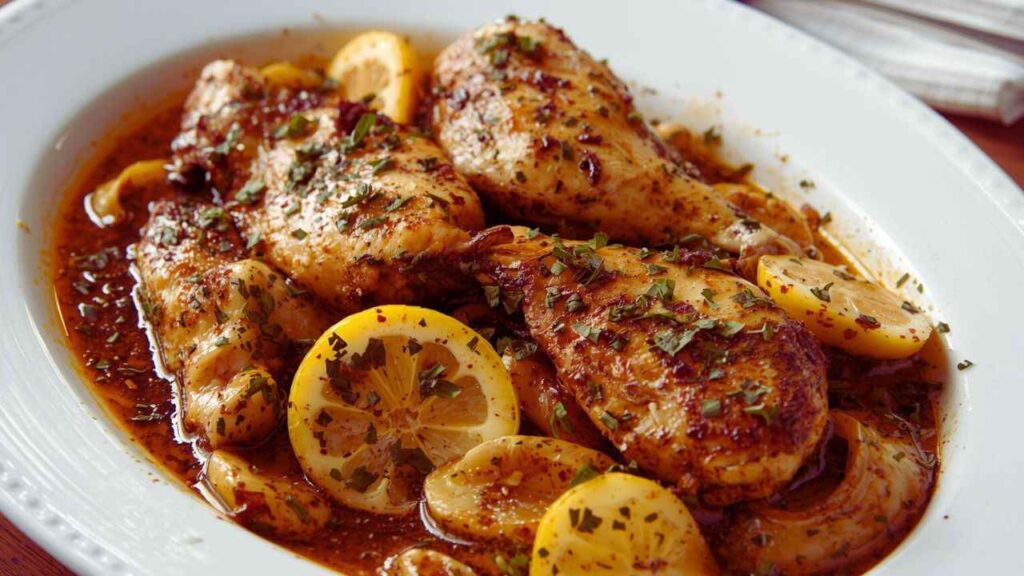 All the ingredients for Chicken Carciofi, including chicken, artichokes, and lemon, laid out in a wooden bowl.