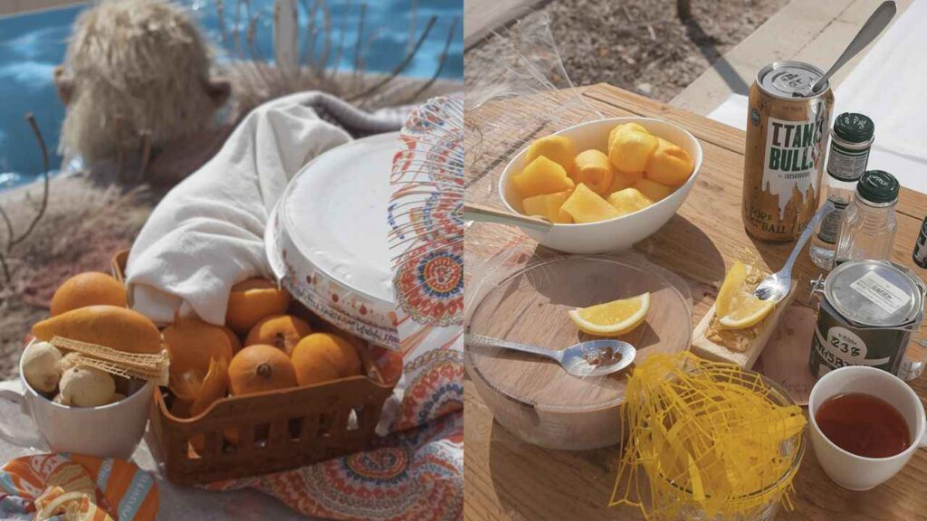 A bowl of thick Greek yogurt next to a fresh strawberry puree, ready for swirling.