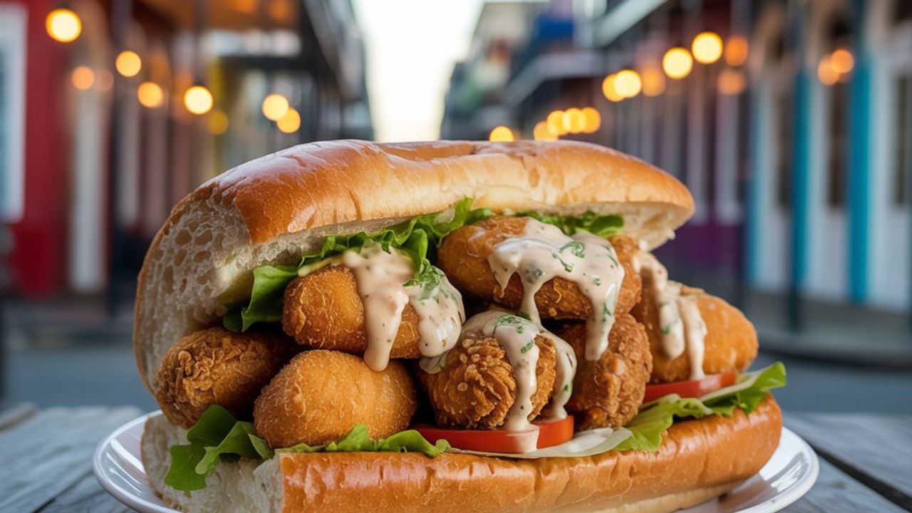 A close-up shot of a fully dressed Fried Oyster Po' Boy on crusty New Orleans French bread.