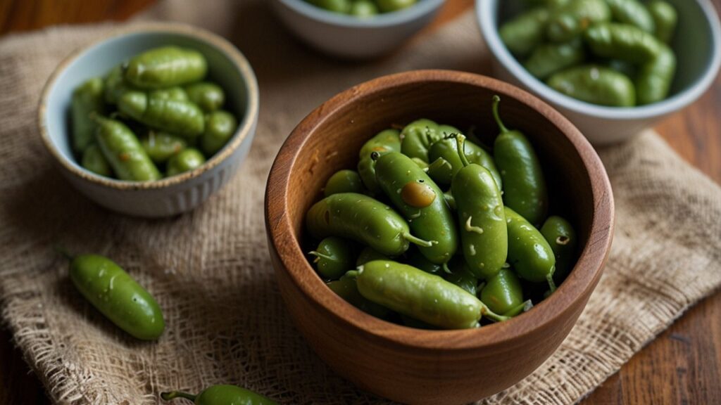 Close-up of a person's hand holding a fuzzy edamame pod with beans popping out. soybeans served in the pod nyt