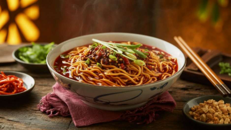 An overhead shot of a table spread with multiple Sichuan noodle dishes and sides.