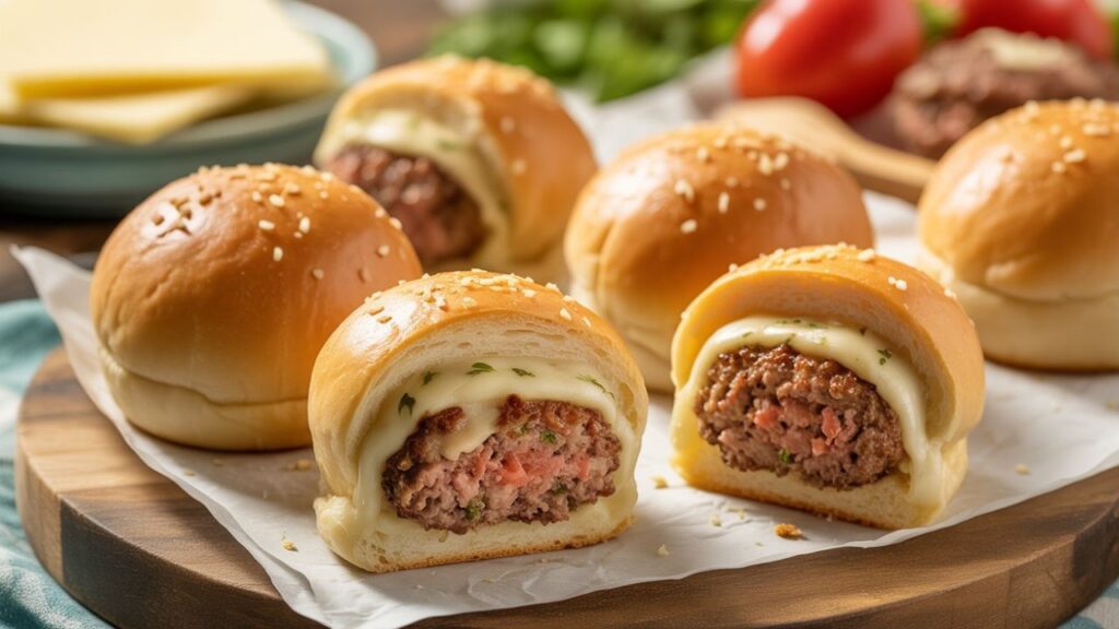 Image of the garlic parmesan butter mixture being brushed onto the uncooked cheeseburger bites.