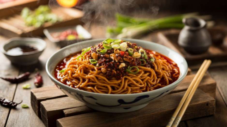 Step-by-step guide showing how to assemble a bowl of homemade Sichuan noodles.
