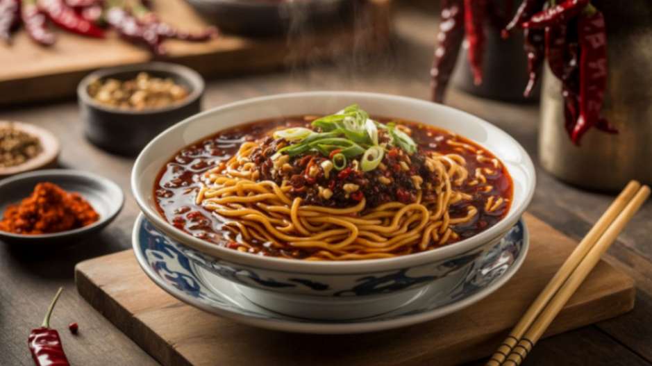 A person slurping a long strand of spicy Sichuan noodle from a bowl.