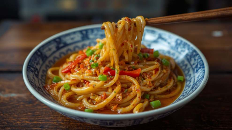 A steaming, vibrant bowl of authentic Sichuan noodles topped with chili oil and peanuts.