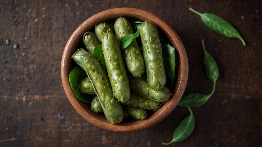 Fresh and frozen edamame pods in a wooden bowl, ready to be cooked. soybeans served in the pod