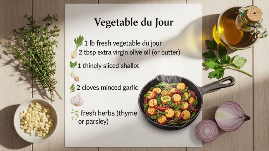 A chef plating a gourmet vegetable du jour in a high-end restaurant kitchen