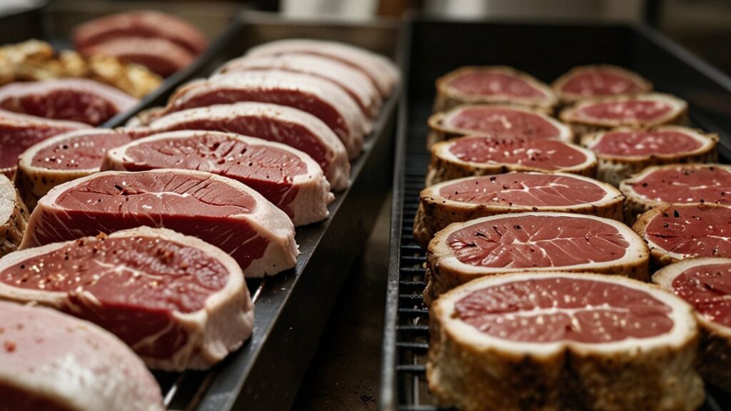 A visual comparison showing the difference between light pink lamb meat and deep red adult mutton.