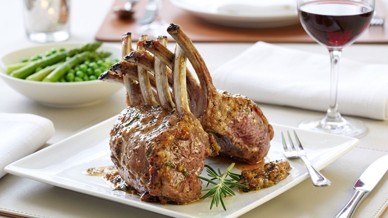 Raw baby lamb loin chops seasoned with minced garlic and fresh rosemary on a wooden cutting board.